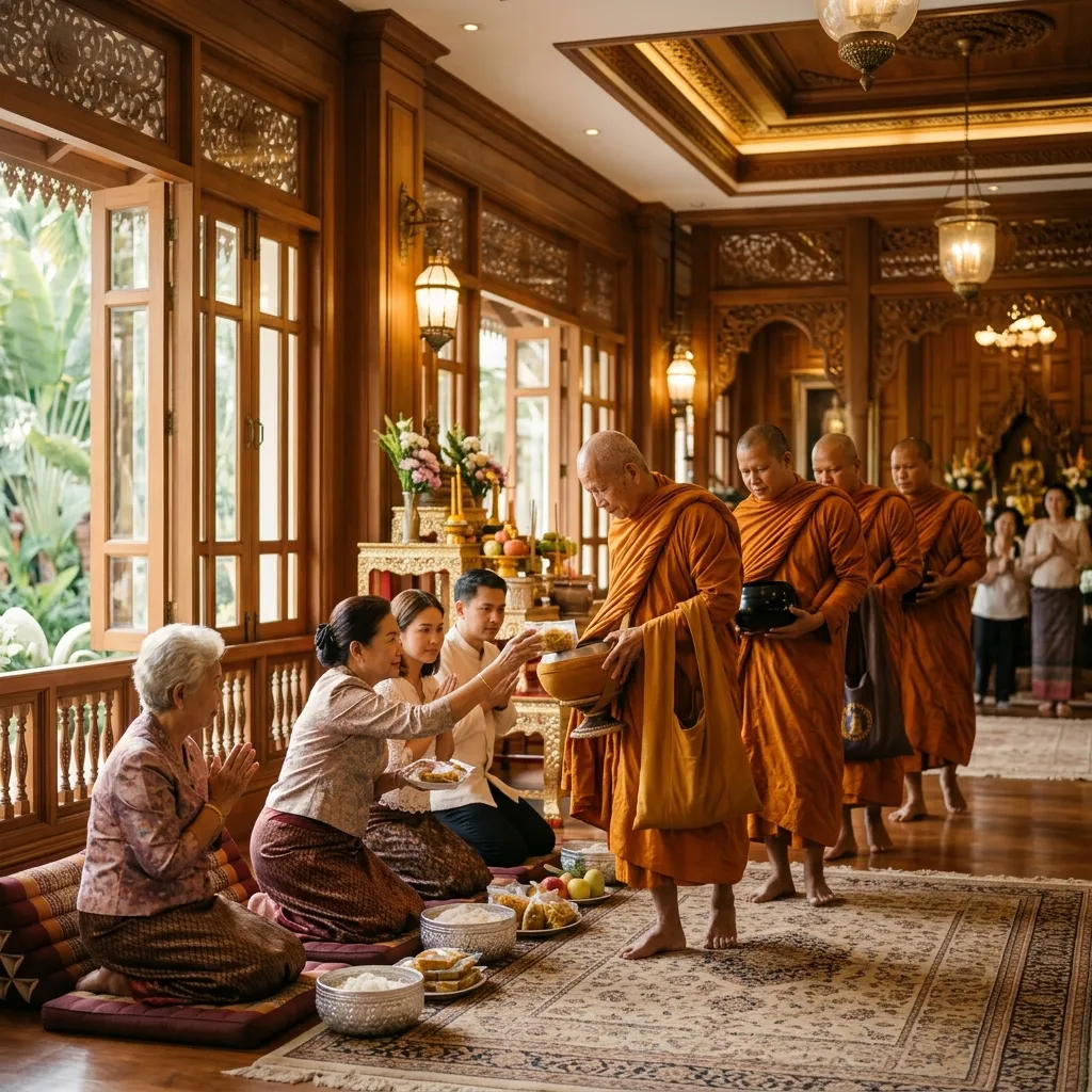 Alms giving to monks at the lobby
